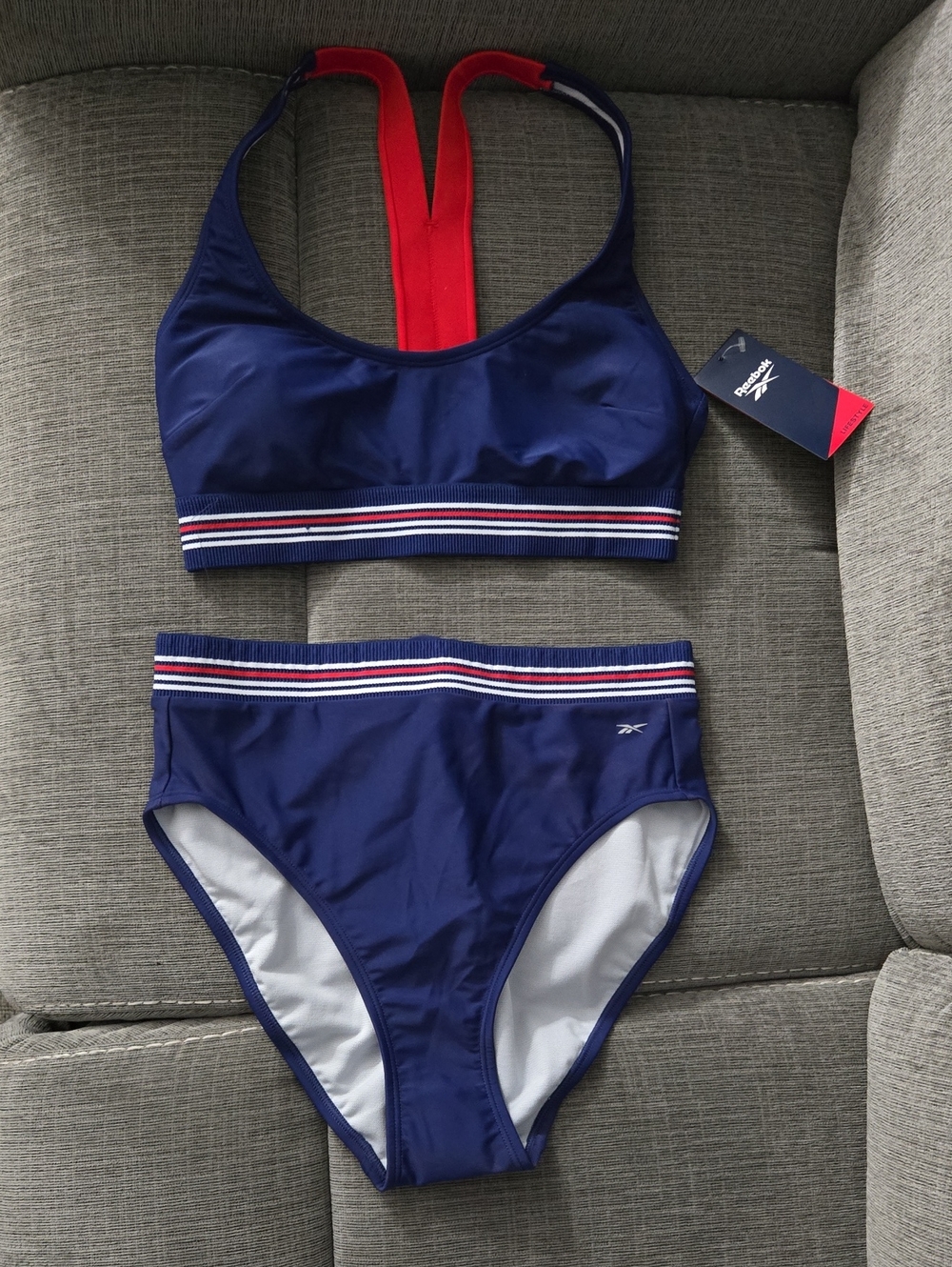 Reebok Navy and Red Striped High-Waist Sport Bikini